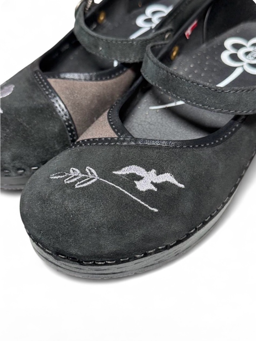 Sanita Danish Clogs Black Brown Suede Patchwork Embroidered Bird Mary Jane Sz 39 - Picture 4 of 8